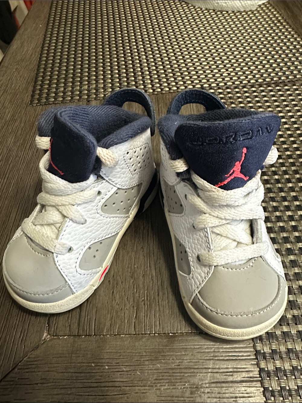 Nike Kids White, Gray & Navy Jordan Sneakers with Pink Jumpman